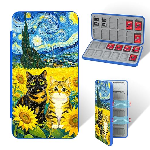 PERFECTSIGHT Switch Game Card Case for Nintendo Switch 2 Lite OLED, Switch 2 Game Holder Cartridge Case for Game Cards and 48 SD Cards, Cute Kawaii Portable Compact Storage Box, Sunflower Cats by PERFECTSIGHT