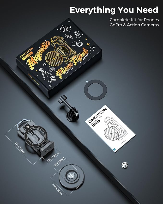 OMOTON TP02-Ultra Multi-Device Camera & Phone Mount with 1/4" Adapter, Grey | Built-In 1/4" & Arca Base, Clamp, Magnetic & Tripod Setups for iPhone, Pocket/Action Cameras, Overhead & Low-Angle Filming - Image 9
