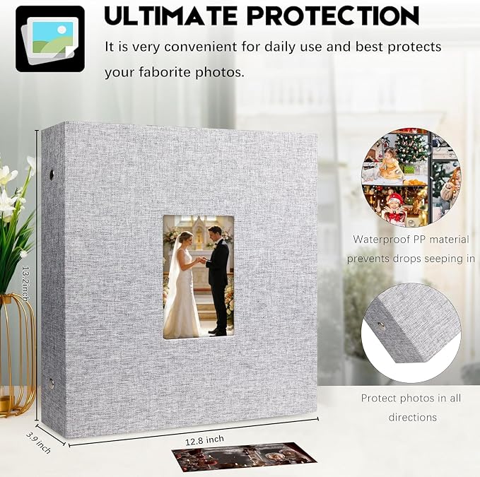 Aevdor Large Capacity 4x6 Photo Album, 1000 Photos, Linen Cover, Grey | Black Inner Pages, 3 Horizontal and 2 Vertical Pockets per Side, Front Photo Window, Family, Wedding & Travel Memories - Image 2
