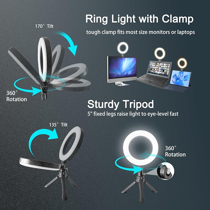 6" Ring Light Video Conference Kit, 5-Color 10-Brightness Clip-On Light with Stable Ring-Light Clamp & 5" Tripod, Desk/Zoom/TikTok, Makeup Light, Selfie Light - Image 4
