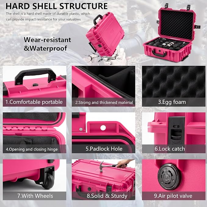 Relaxweex Rolling Camera Hard Case with Padded Dividers & Wheels, Impact-resistant Hard Shell Travel Case for Cameras, Lenses & Accessories(26 x 20 x 10 Inch,Rose Red) - Image 3
