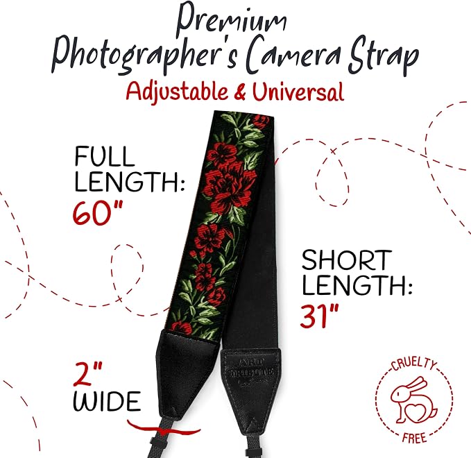 Camera Strap - Shoulder, Crossbody & Neck Camera Strap for Photographers, Fits All Cameras, Canon Nikon Sony Fujifilm, Padded Strap W/ Quick Release, Embroidered Cotton & Leather Ends, Red Roses - Image 5