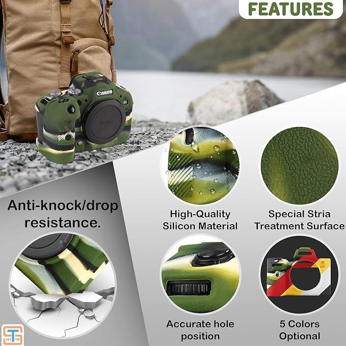 Camera Case for Canon R6 R6II - Silicone Protective DSLR Skin Cover, Detachable Cage, Shockproof, Dustproof (Camouflage) - Image 2