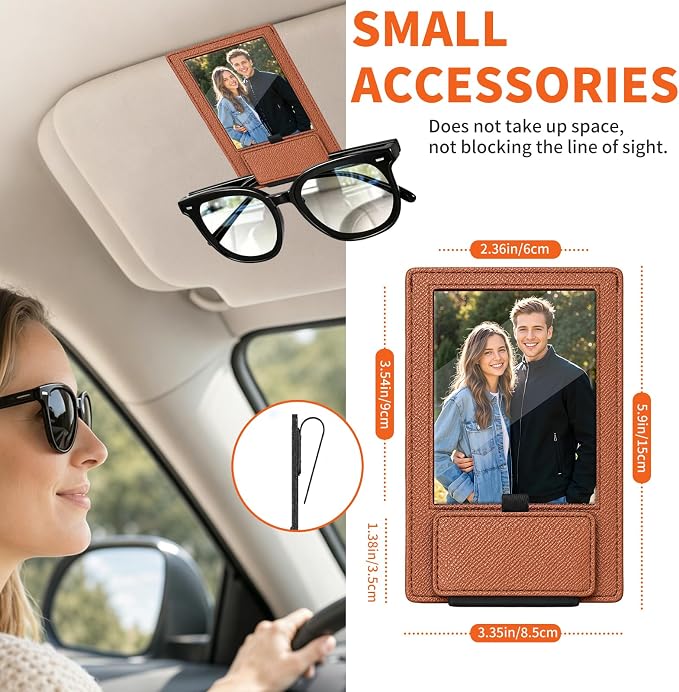 2-in-1 Car Visor Sunglasses & Photo Holder, Magnetic PU Leather Glasses Clip with Picture Display Slot, Universal Sun Visor Organizer for Eyeglasses, Personalized Cards & Memories, Brown Tan - Image 5