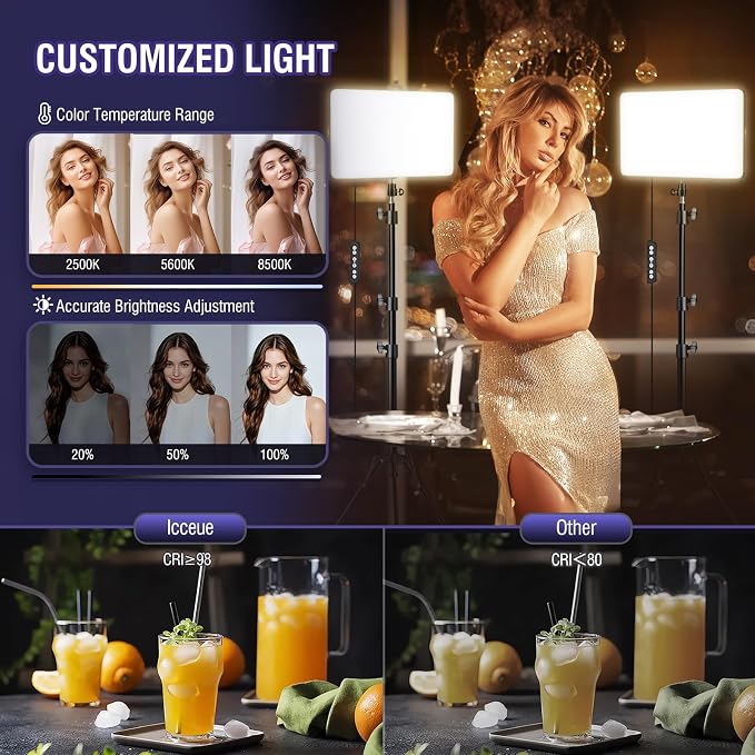 2-Pack LED Video Light Kit with 63'' Tripod Stand, 2500K-8500K Dimmable Studio Light Photography Panel Lighting for Video Recording Game Live Streaming Podcast YouTube Filming, Phone Holder - Image 3