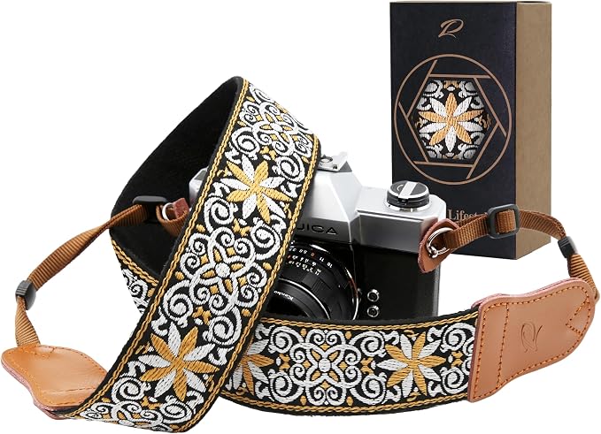 Padwa Lifestyle Camera Strap - 2" Cowhide Head Yellow Floral Camera Straps for Photographers,Vintage Jacquard Embroidery Woven Cotton Adjustable Shoulder Neck Straps for All DSLR Cameras by PadwaLifestyleCameraStrap