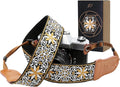 Padwa Lifestyle Camera Strap - 2" Cowhide Head Yellow Floral Camera Straps for Photographers,Vintage Jacquard Embroidery Woven Cotton Adjustable Shoulder Neck Straps for All DSLR Cameras by PadwaLifestyleCameraStrap