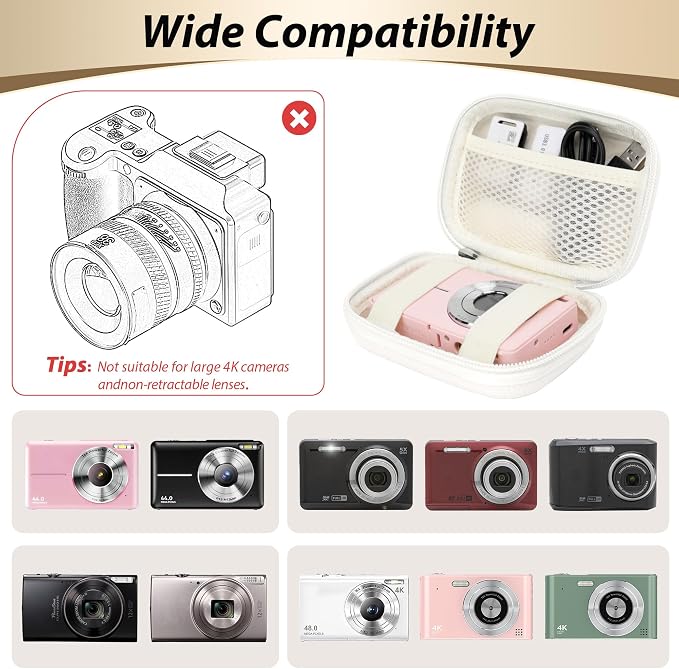 Digital Camera Case for KODAK PIXPRO FZ55/FZ45, Case Only, White | Fits CAMKORY DC403 and Canon PowerShot ELPH 360 HS Compact Digital Cameras, Small Hard Shell Camera Pouch with Mesh Pocket - Image 3