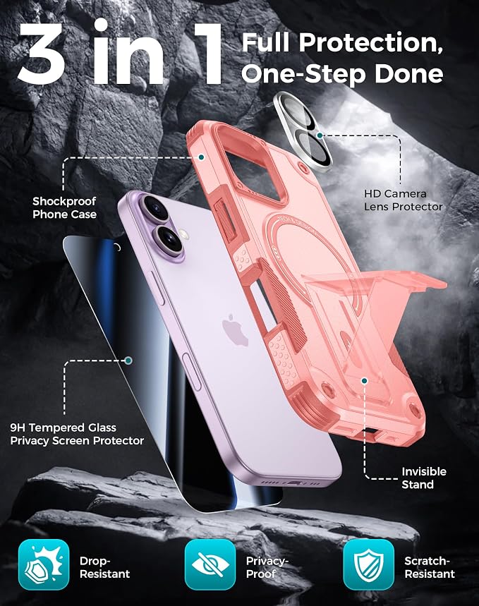 Goton 3 in 1 for iPhone 17 Case with Privacy Screen Protector Pink | Glass Camera Lens Protector,Compatible for MagSafe,Invisible Kickstand, Shockproof Phone Cover for iPhone17 - Image 3