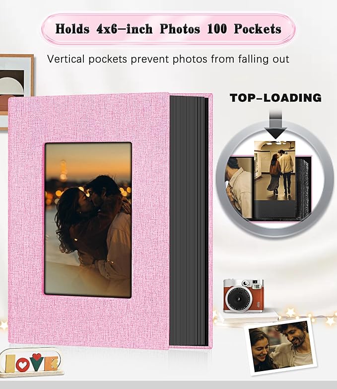 Ejblfe Photo Album 4x6,Linen Cover Slide-in Photo Album Book Can Holds 100 4x6 Photos with 50 Black Sheets for Family,Wedding,Baby and Holiday Pictures (Pink) - Image 3