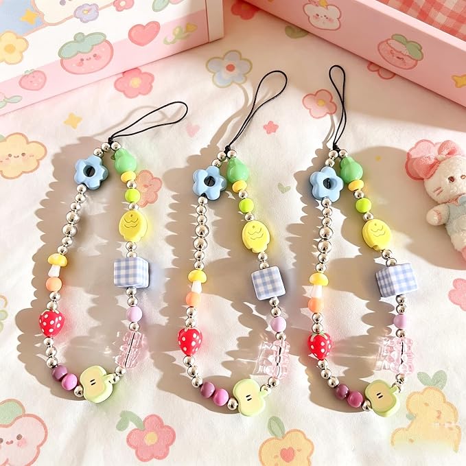2 Pcs Phone Charm Strap Hand Wrist Strap Camera Lanyard Pearl Beaded Cute Chain String Accessories Universal for iPhone 17 Pro Max 16 15 14 for Samsung Women Girls Keychain Brown Bead and Kawaii Fruit - Image 7