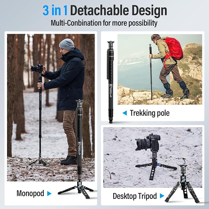 SIRUI SVM-145 Carbon Fiber Rapid Monopod, One-Step Height Adjust, 57" | 22LB Load, Monopod with Feet, Modular 3-in-1, Lightweight, DSLR, Mirrorless Camera, Travel, Outdoor - Image 5