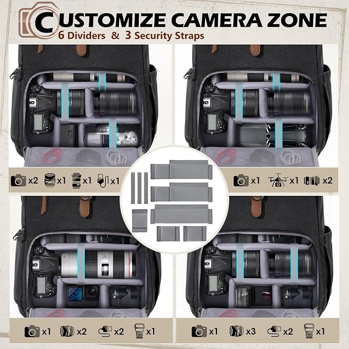 RAINSMORE Camera Backpack, DSLR SLR Mirrorless Camera Bag for Photographer | 15.6 Inch Vintage Canvas Camera Case with Laptop Compartment & Tripod Holder & Rain Cover for Sony Canon Nikon Fujifilm Black - Image 3
