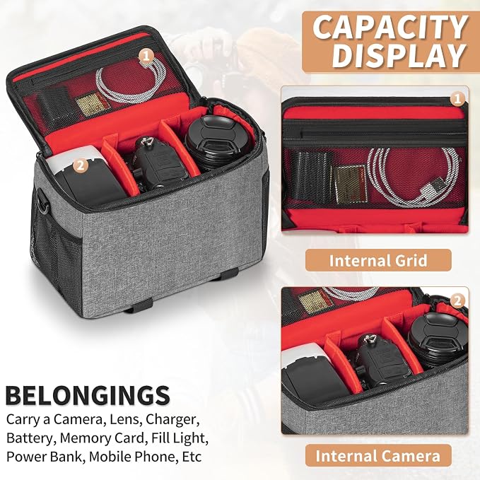Camera Carrying Case, Camera Storage Bags Anti-Shock Crossbody Camera Case | Compatible for Canon, Nikon, Sony, Fuji DSLR/SLR/Mirrorless Cameras, Lens and Accessories, 9''× 4.7''× 7.5'', Grey - Image 6