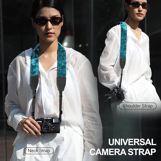 Padwa Lifestyle Peacock Blue Velvet Camera Strap - 2" Double Layer Full Grain Cowhide Leather Head Camera Straps for Photographers,Unique Soft Velvet Fabric with Quick Release fits all Cameras - Image 2