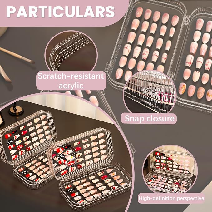 Large Tri-Fold Press On Nail Organizer Case - 4-Page Portable Storage Box for Fake Nails, Clear PET Plastic Travel Holder (6×3.2×1.8 inch) Texture 2Pcs - Image 4