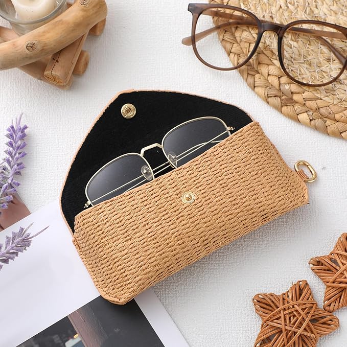 Leinuosen Woven Straw Sunglasses Case with Clip Hard Shell Rattan - Image 6