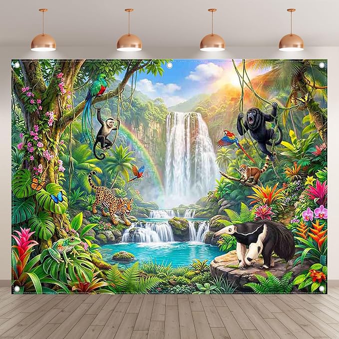 Fabric 8x6ft Rainforest Wild Animals Backdrop Jungle Safari Banner | Summer Tropical Scenery Waterfall Photography Background, School Event Party Decorations, Classroom Photo Props, Polyester - Image 2