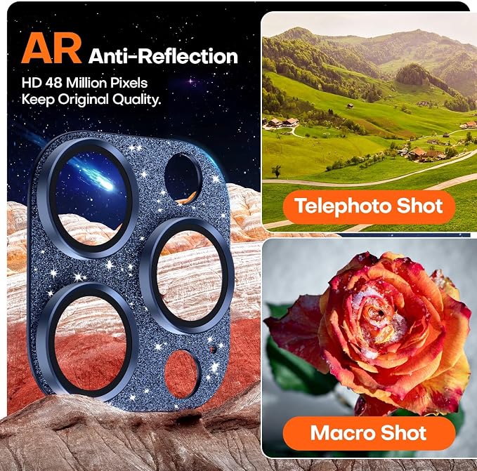 Camera Lens Protector for iPhone 16/15/14 Pro Max & 16/15/14 Pro | Glitter Blue, Aluminum Alloy, 9H+ Glass Camera Cover, Nano Reinforced Adhesive, Anti-Drop, Anti-Scratch, Case Friendly - Image 4