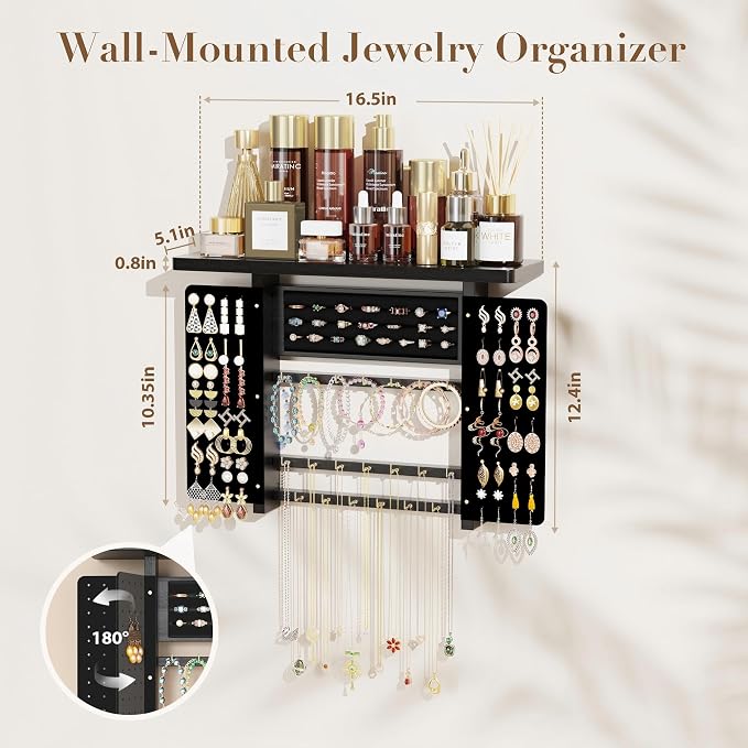 Emfogo Jewelry Organizer Hanging Wall Mounted Jewelry Holder, 5-in-1 Large Capacity Necklace Organizer Wall Display for Ring, Necklaces, Bracelets, Earrings(Black) - Image 4