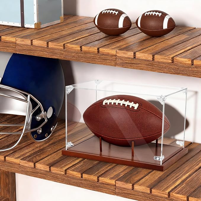 Clear Acrylic Football Display Case with Wood Base & Tee, Memorabilia Stand Cube Holder, Dust Protection Transparent Storage Box for Single Ball Souvenir Football Collections - Image 7