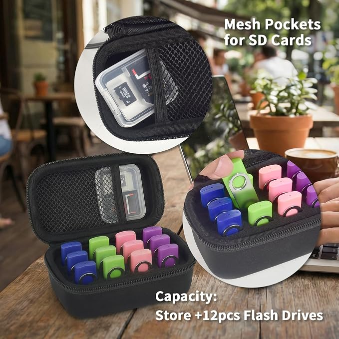 Comecase 12-Slot USB Flash Drive Case with Carabiner and SD Card Pocket | Hard Shell and Removable Foam Cushion Drives Against Drops for Work, School and Travel, Jet Black, Small, Case Only - Image 4