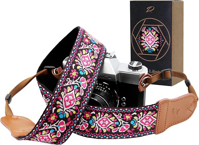 Padwa Lifestyle Pink Vintage Embroidered Camera Strap - 2" Wide Cowhide Head Camera Straps,Cotton Woven Adjustable Shoulder & Neck Strap for All DSLR Cameras,Great Gift for Men&Women Photographers by PadwaLifestyleCameraStrap