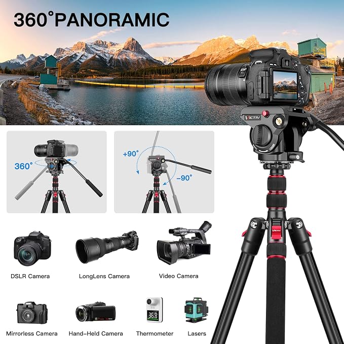 Victiv Video Tripod, 72" Heavy Duty Fluid Head Camera Tripod with Carry Bag | Professional Aluminum Camera Tripod Stand, 2-in-1 Camera Tripods & Monopods, Compatible with Canon, Sony, DSLR, Camcorder - Image 4