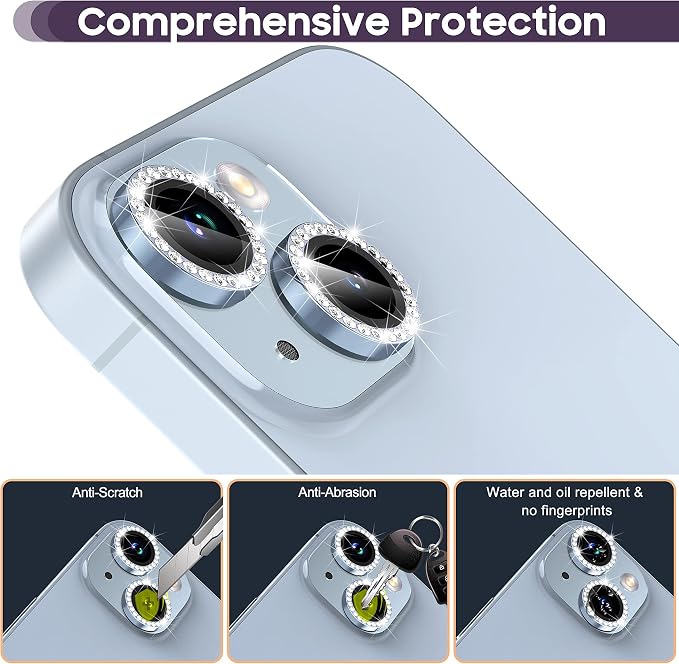 Suoman for iPhone 14 6.1 inch / 14 Plus 6.7 inch Camera Lens Protector, 9H Tempered Glass Film, [Does not Affect Night Shots] Metal Frosted Diamonds Independent Protective Cover- Diamond Blue - Image 4
