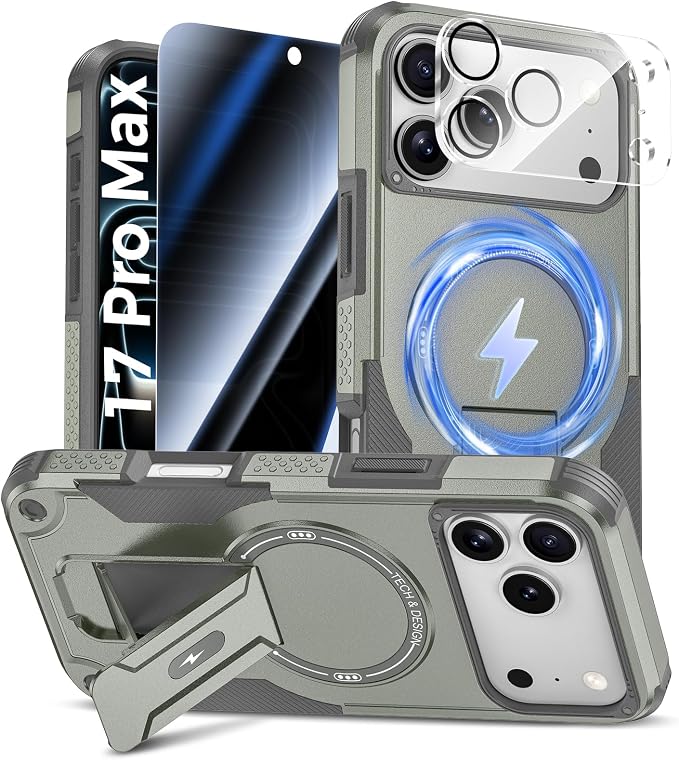 Goton 3 in 1 for iPhone 17 Pro Max Case with Privacy Screen Protector Grey | Glass Camera Lens Protector,Compatible for MagSafe,Invisible Kickstand, Shockproof Phone Cover for iPhone 17 Promax by Goton