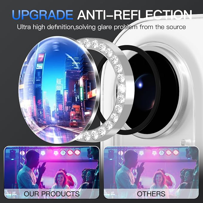 Suoman for iPhone 17 Camera Lens Protector, Glitter Diamond Individual Metal Tempered Glass Camera Lens Cover [Strong-Adhesion][Does not Affect Night Shots] -Silver - Image 3