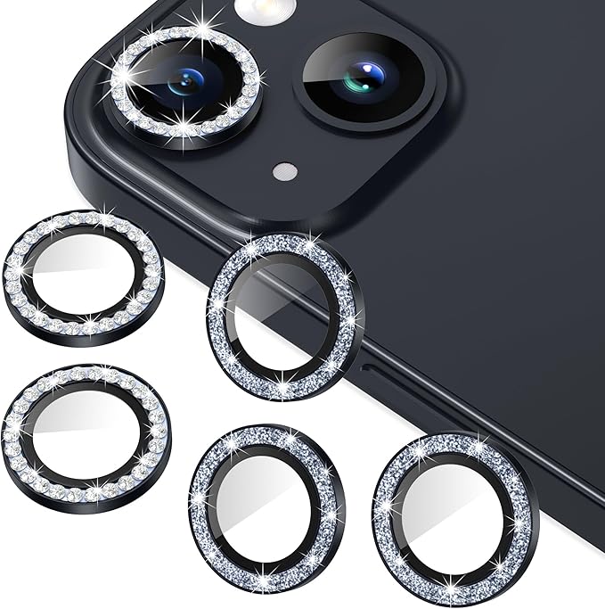 AGVEE 3+3 6 Pack for iPhone 14/14 Plus Camera Lens Protector Cover | Individual Bling Diamond & Bling Glitter Sparkle Cute Gem Metal Ring, 9H Tempered HD Glass by AGVEE