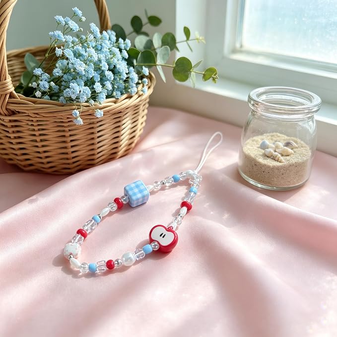 2 Pcs Phone Charm Strap Hand Wrist Strap Camera Lanyard Pearl Beaded Cute Chain String Accessories Universal for iPhone 17 Pro Max 16 15 for Samsung Women Girls Keychain Bags Red Apple and Beach Beads - Image 4