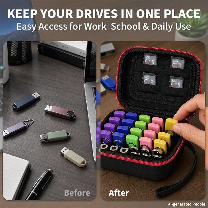 Comecase USB Flash Drive Case, Holds 26 USB Drives and 4 SD Cards | Pre-Cut Foam Fits Mixed USB Drives; EVA Shell, Holds 26 USB & 4 SD Cards, Black+Red Zipper, Small, Case Only - Image 5