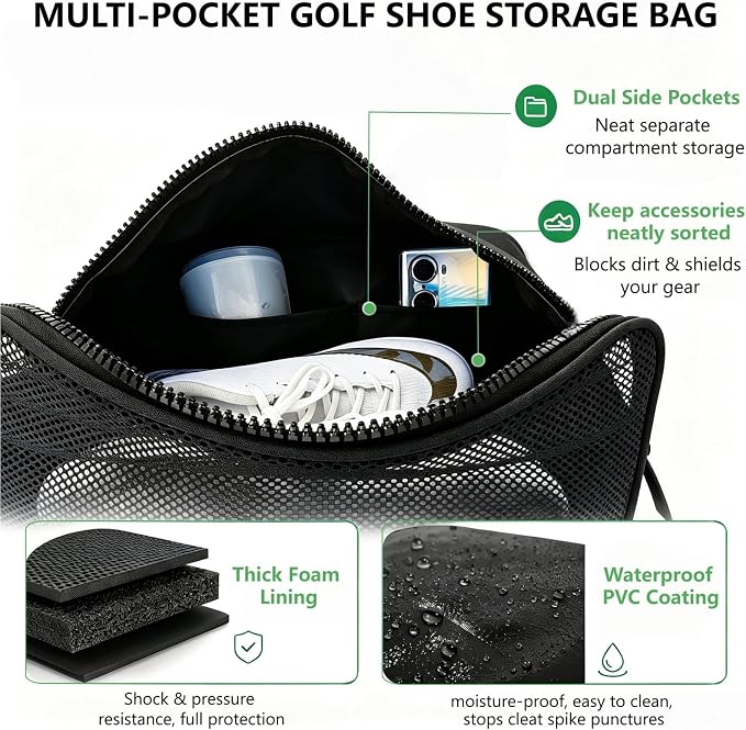 Golf Shoe Bag for Travel, Ventilated Sports Shoes Carrier, Portable Football Boot Organizer for Gym Men Women (1 Pcs-Black) - Image 6