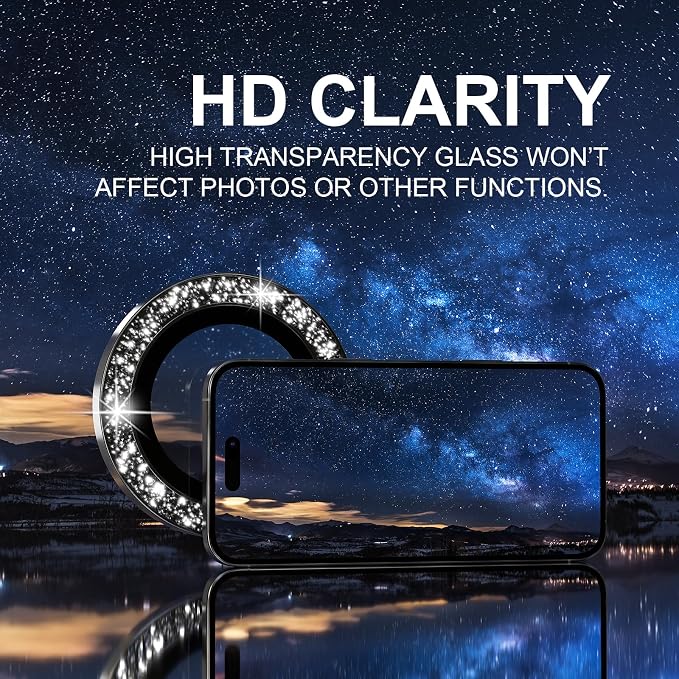 Choiche for iPhone 16 Pro/iPhone 16 Pro Max Camera Lens Protector | Ultra HD, Bling 9H Tempered Glass Camera Cover Screen Protector Metal Ring Decoration Accessories (Glitter-Black) - Image 4