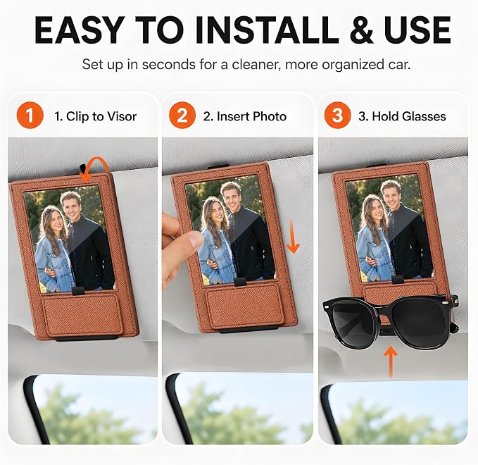 2-in-1 Car Visor Sunglasses & Photo Holder, Magnetic PU Leather Glasses Clip with Picture Display Slot, Universal Sun Visor Organizer for Eyeglasses, Personalized Cards & Memories, Brown Tan - Image 4