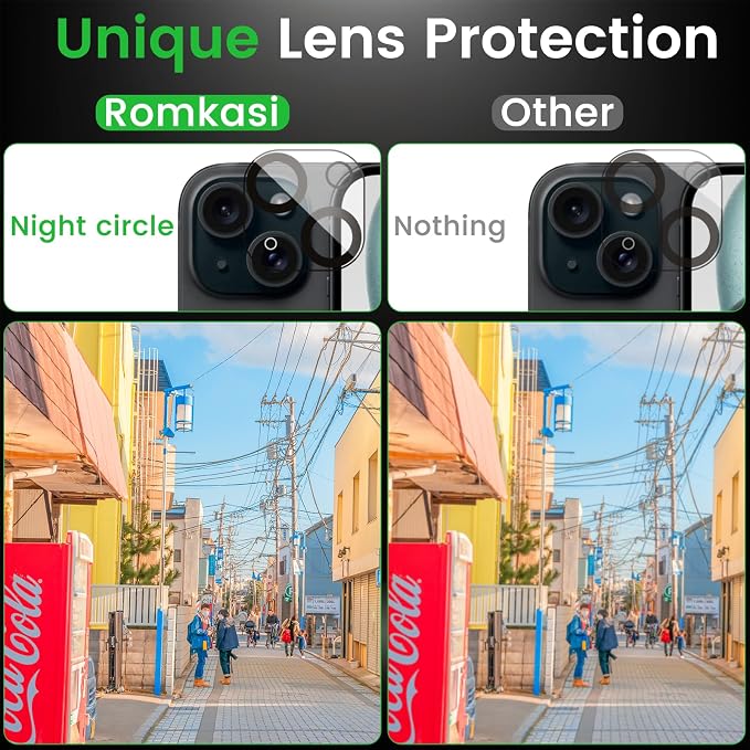 Romkasi 4 Pack Privacy Screen Protector for iPhone 15 Plus 6.7 Inch with 4 Pack Camera Lens Protector, Anti Spy Tempered Glass Film, Anti-Scratch, Touch Sensitive, Case Friendly - Image 5