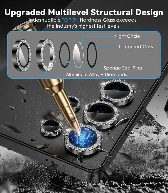 CloudValley for Samsung Galaxy S25 Ultra Camera Lens Protector Bling | 9H Tempered Glass + Aluminum Alloy Lens Protective [Glitter Decoration] Ultra-HD Tempered Glass Cover,Glitter Titanium Black - Image 2