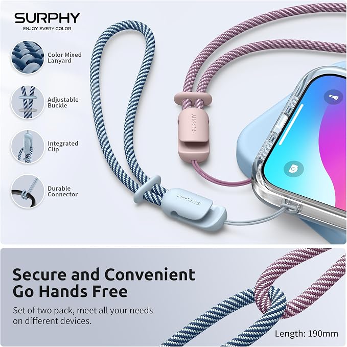 SURPHY 2 Pack Phone Lanyard, Phone Wrist Strap for Case, Camera Wrist Strap | Ultra-Light 2-Color Braided Phone Strap, Cellphone Charm Strap, Anti-Lost Wrist Lanyard for Women and Men, Pink Cloud Blue - Image 4