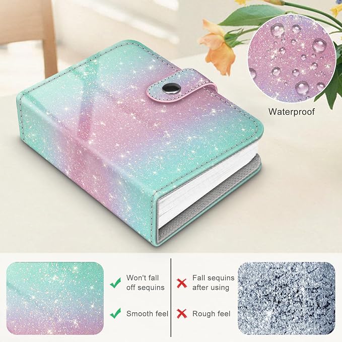 Fintie Mini Photos Album Book for 2x3 Inch Films - 52 Pockets Small Albums | For Fujifilm Instax Mini, Polaroid Hi-Print Pictures, Portable Kpop Photocard Holder, Travel Memory Book, Glitter Green/Pink - Image 4