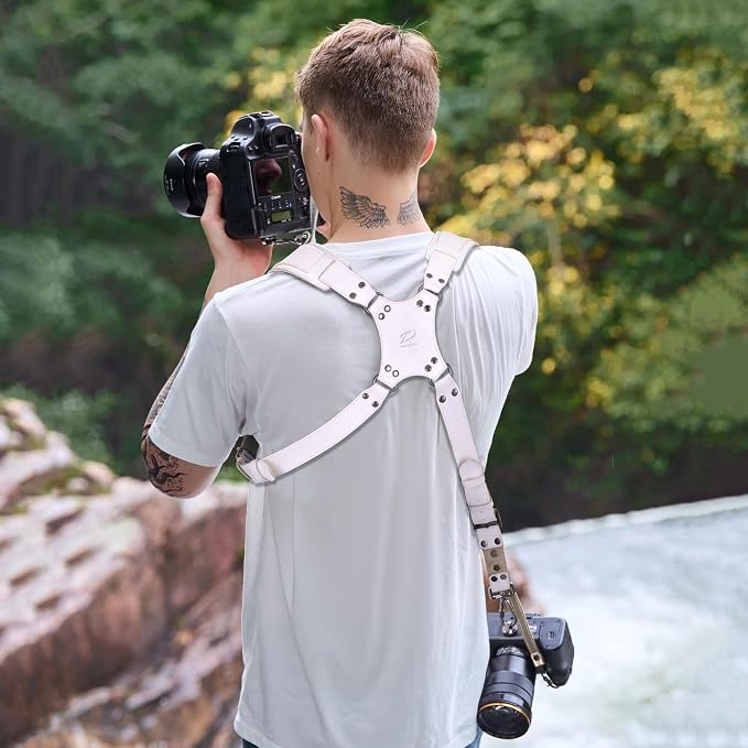 Padwa Lifestyle White Dual Camera Harness for Two Cameras - Wide Strap with Thick Shoulder Padded,Full Grain Leather Double Harness,Multi Camera Gear for DSLR Strap for Photographers - Image 5