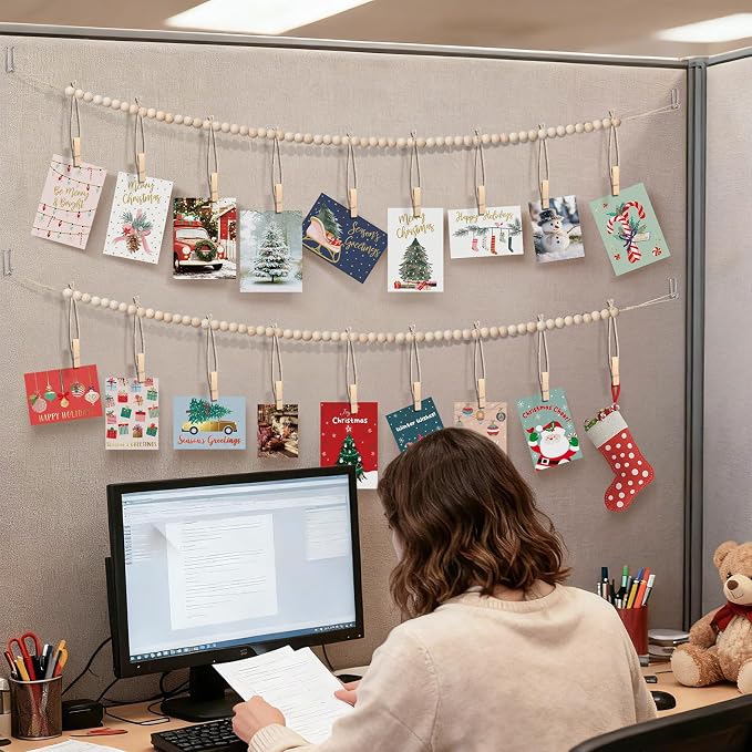 Office Cubicle Hanging Photo Display with Clips, 9 Wood Clips,2 Cubicle Clips for Fabric Wall, Photo Hanger for Boho Office Cubicle Decor, Boho Desk Decor - Image 5