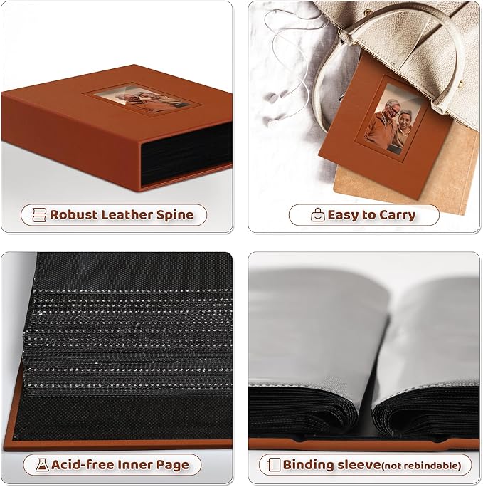 Popotop 4x6 Photo Album Holds 100 Pictures, Vegan Leather Hardcover | 100 Photos Capacity, Acid-Free Clear Slip-In Pockets, Compact Format, Front Photo Window, Gifts for Family Wedding Baby - Image 4