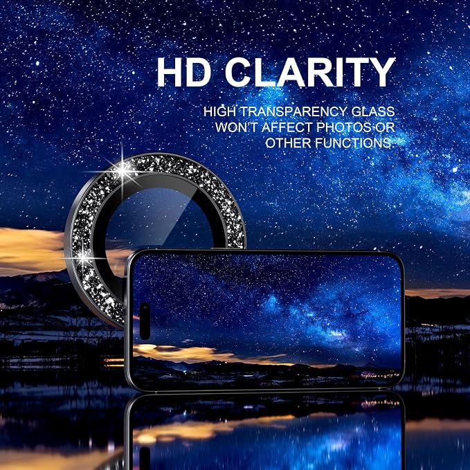 Choiche for iPhone 17 Camera Lens Protector Bling, Glitter-Black | Ultra HD, 9H Tempered Glass Camera Cover Screen Protector Metal Individual Ring Decoration Accessories, 2-Lens, 6.3-inch - Image 5