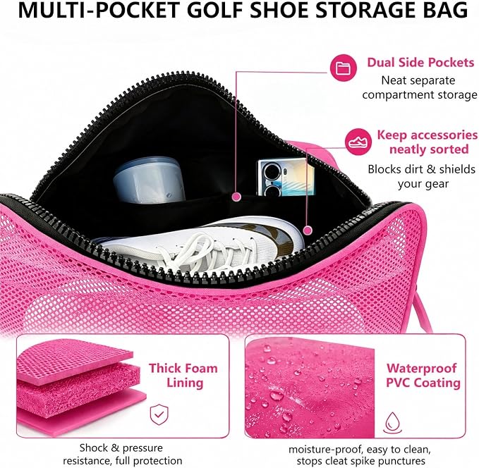 Golf Shoe Bag for Travel, Ventilated Sports Shoes Carrier, Portable Football Boot Organizer for Gym Men Women (1 Pcs-Hot Pink) - Image 6