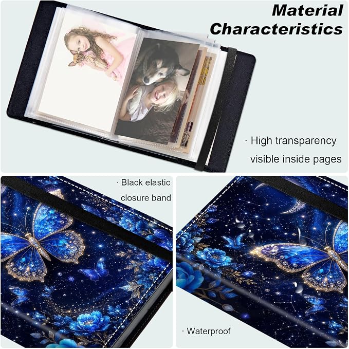 Small Photo Album 5x7, 60 Pockets Holds 120 Photos, Slip-in Pocket Photo Storage Book with Black Elastic Band for Family Wedding Baby Travel Pictures, Blue Starry Diamond Butterfly - Image 5