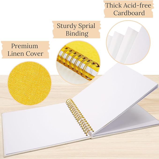 12"x12" Scrapbook Photo Album Linen Cover 40 Sheets 80 Pages White Paper | Yellow Hardcover Kraft White Pages Memory Book, for Travel Wedding Guest Book Christmas Baby Shower Fits 4x6 & Instant Photos - Image 7