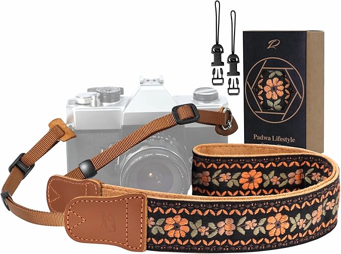 Padwa Lifestyle Embroidered Floral Camera Strap - 1.5" Crazy Horse Cowhide Ends Camera Straps for Photographers, Cute Cotton Weave Soft Suede Fabric Padded Strap fits All Cameras for Adults & Kids by PadwaLifestyleCameraStrap