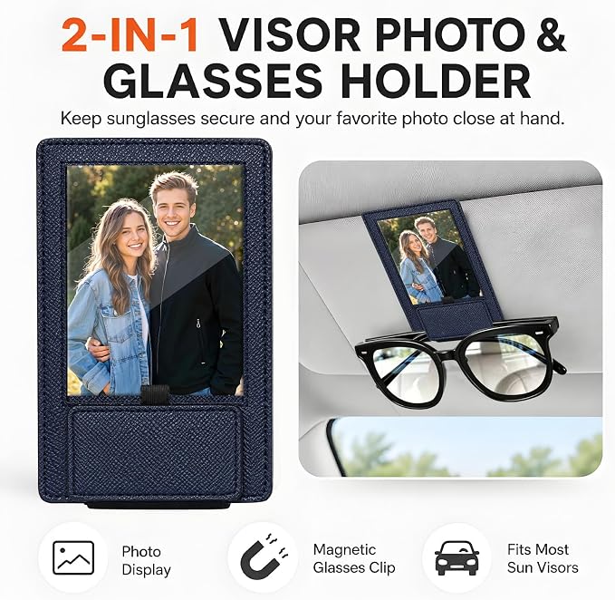2-in-1 Car Visor Sunglasses & Photo Holder, Magnetic PU Leather Glasses Clip with Picture Display Slot, Universal Sun Visor Organizer for Eyeglasses, Personalized Cards & Memories, Navy - Image 3